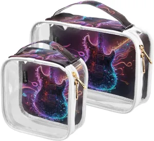 Neon-light-electric-guitar 2 Pack Clear Toiletry Bag Women Men, Portable Waterproof Clear Pouch, Cosmetic Bag with Double Zippers Large Opening Traveling with Handle for Bathroom Traveling Vacation Or