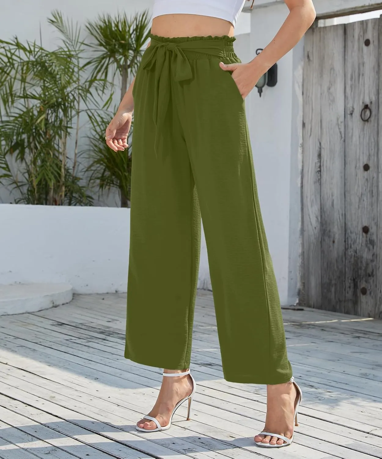 NILOUFO Women's Casual Wide Leg Pants High Waisted Lightweight Loose Long Trousers with Pockets Adjustable Tie Knot