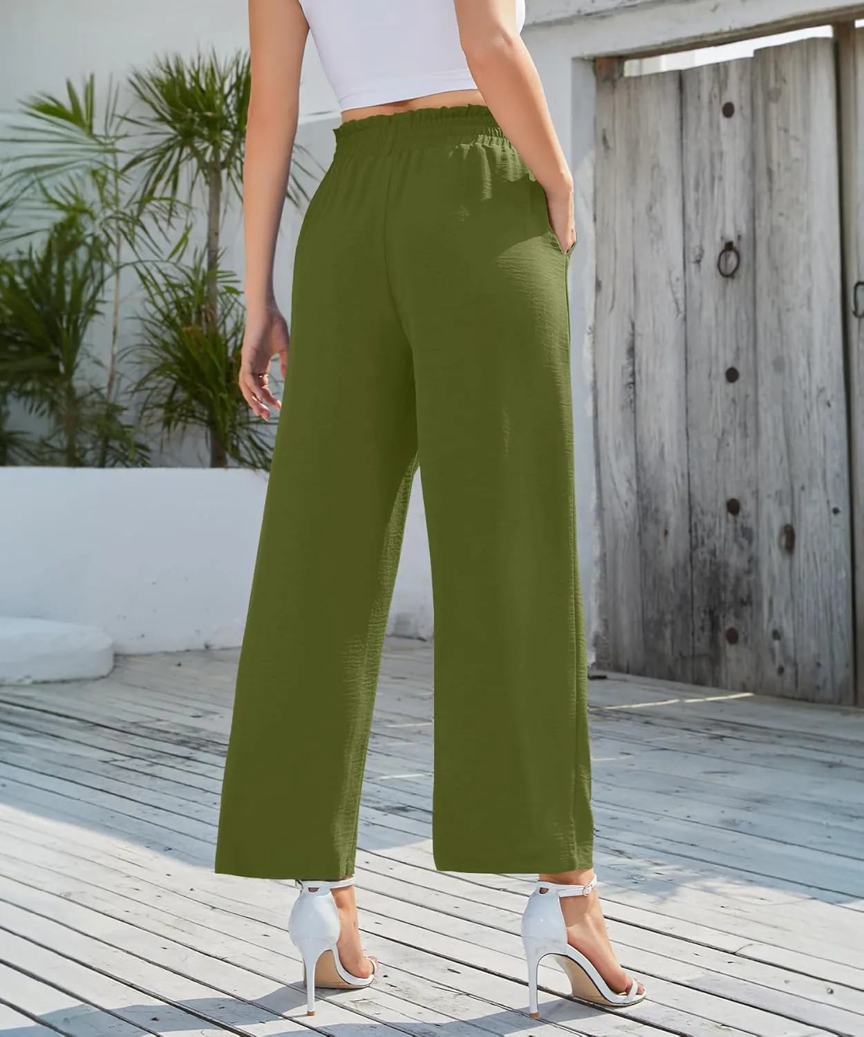 NILOUFO Women's Casual Wide Leg Pants High Waisted Lightweight Loose Long Trousers with Pockets Adjustable Tie Knot