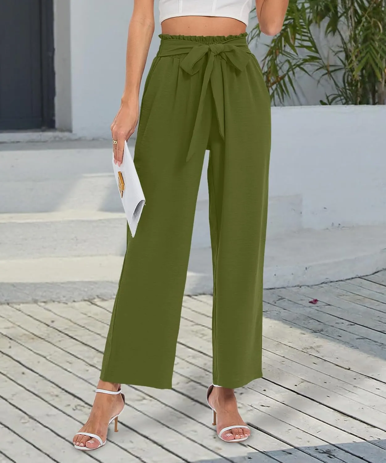 NILOUFO Women's Casual Wide Leg Pants High Waisted Lightweight Loose Long Trousers with Pockets Adjustable Tie Knot