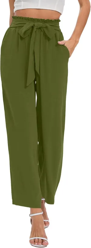 NILOUFO Women's Casual Wide Leg Pants High Waisted Lightweight Loose Long Trousers with Pockets Adjustable Tie Knot