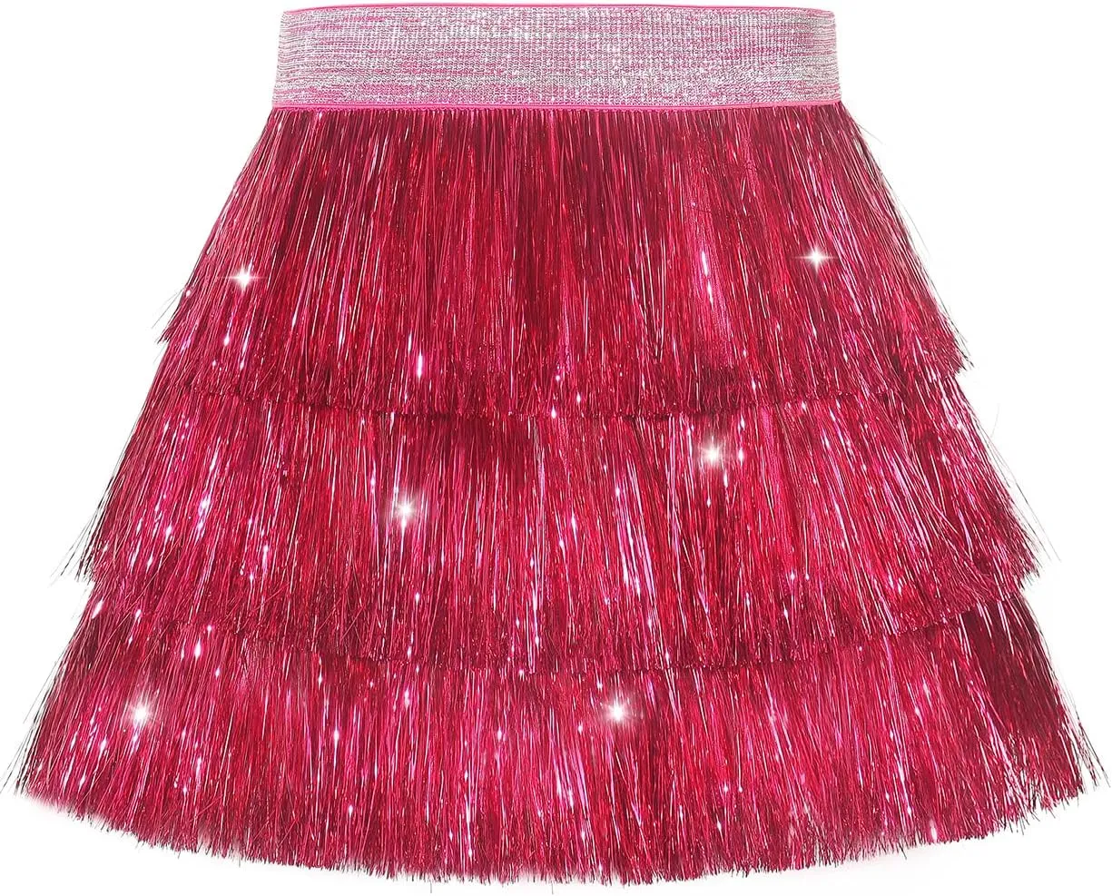 Noomelfish Girls Tinsel Fringe Skirt Sparkly Tassel Metallic Party Skirt(5-12 Years)