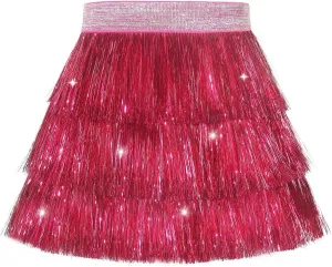 Noomelfish Girls Tinsel Fringe Skirt Sparkly Tassel Metallic Party Skirt(5-12 Years)