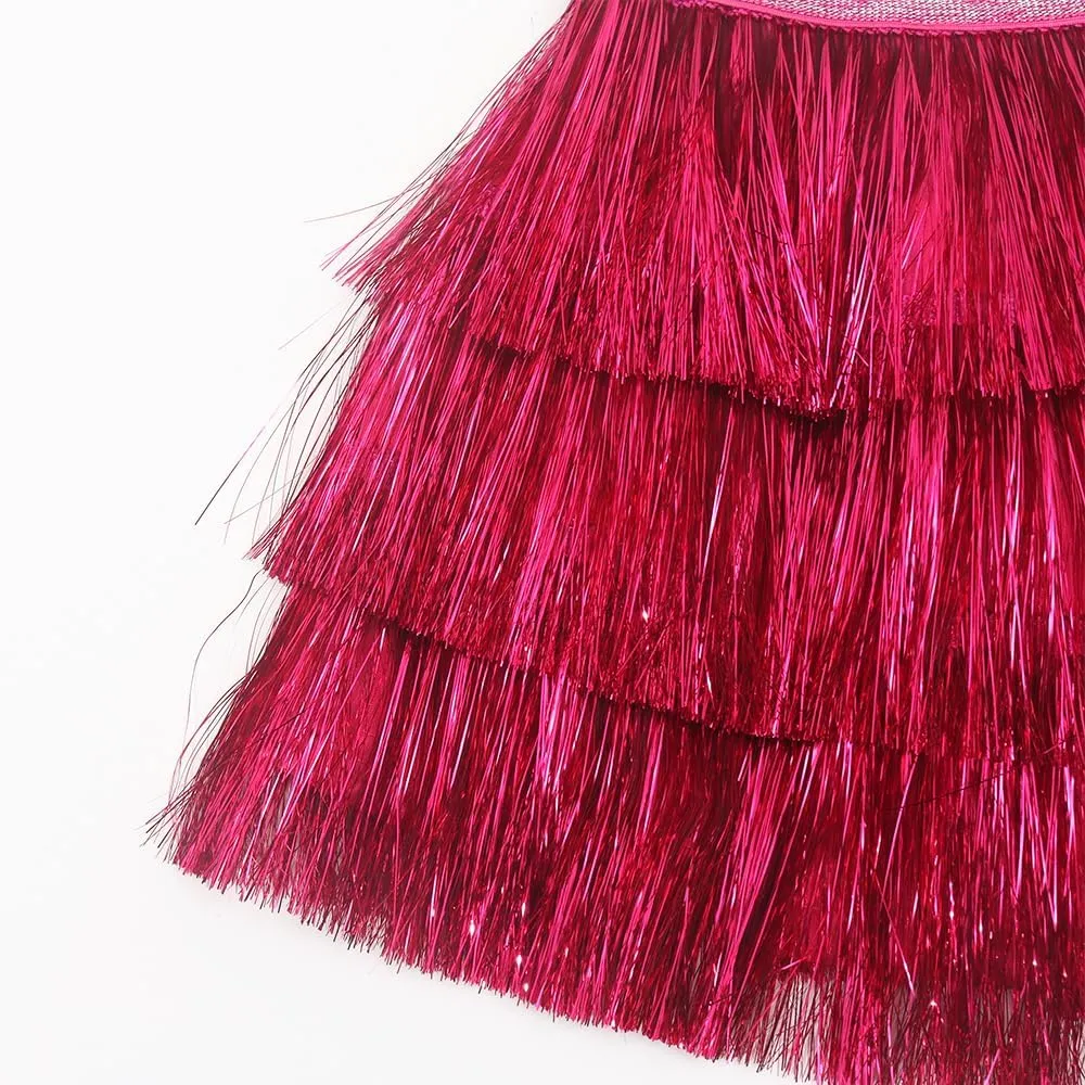 Noomelfish Girls Tinsel Fringe Skirt Sparkly Tassel Metallic Party Skirt(5-12 Years)