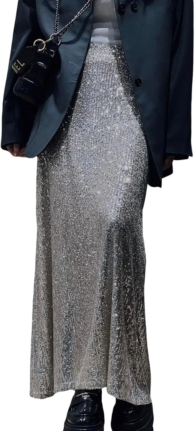 NUFIWI Sequin Glitter Maxi Skirt for Women High Waist Bodycon Long Skirt Shiny Sparkly Metallic Skirt Party Clubwear
