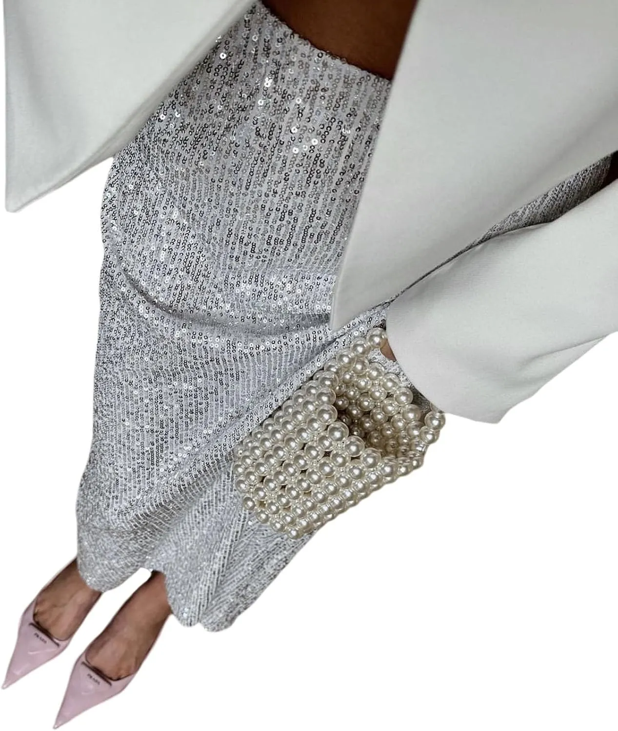 NUFIWI Sequin Glitter Maxi Skirt for Women High Waist Bodycon Long Skirt Shiny Sparkly Metallic Skirt Party Clubwear