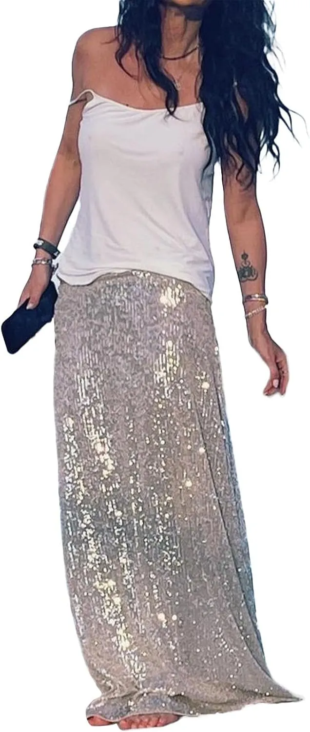 NUFIWI Sequin Glitter Maxi Skirt for Women High Waist Bodycon Long Skirt Shiny Sparkly Metallic Skirt Party Clubwear