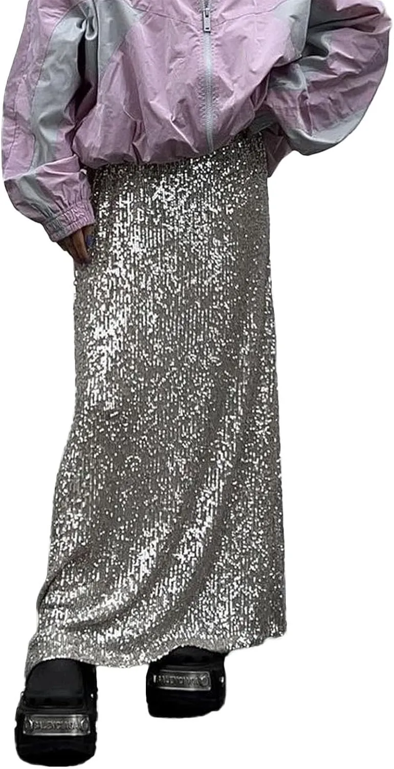 NUFIWI Sequin Glitter Maxi Skirt for Women High Waist Bodycon Long Skirt Shiny Sparkly Metallic Skirt Party Clubwear