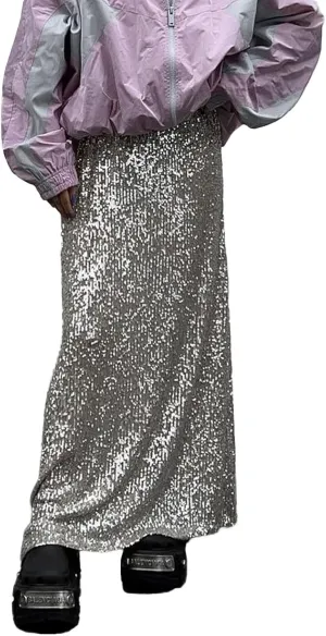 NUFIWI Sequin Glitter Maxi Skirt for Women High Waist Bodycon Long Skirt Shiny Sparkly Metallic Skirt Party Clubwear