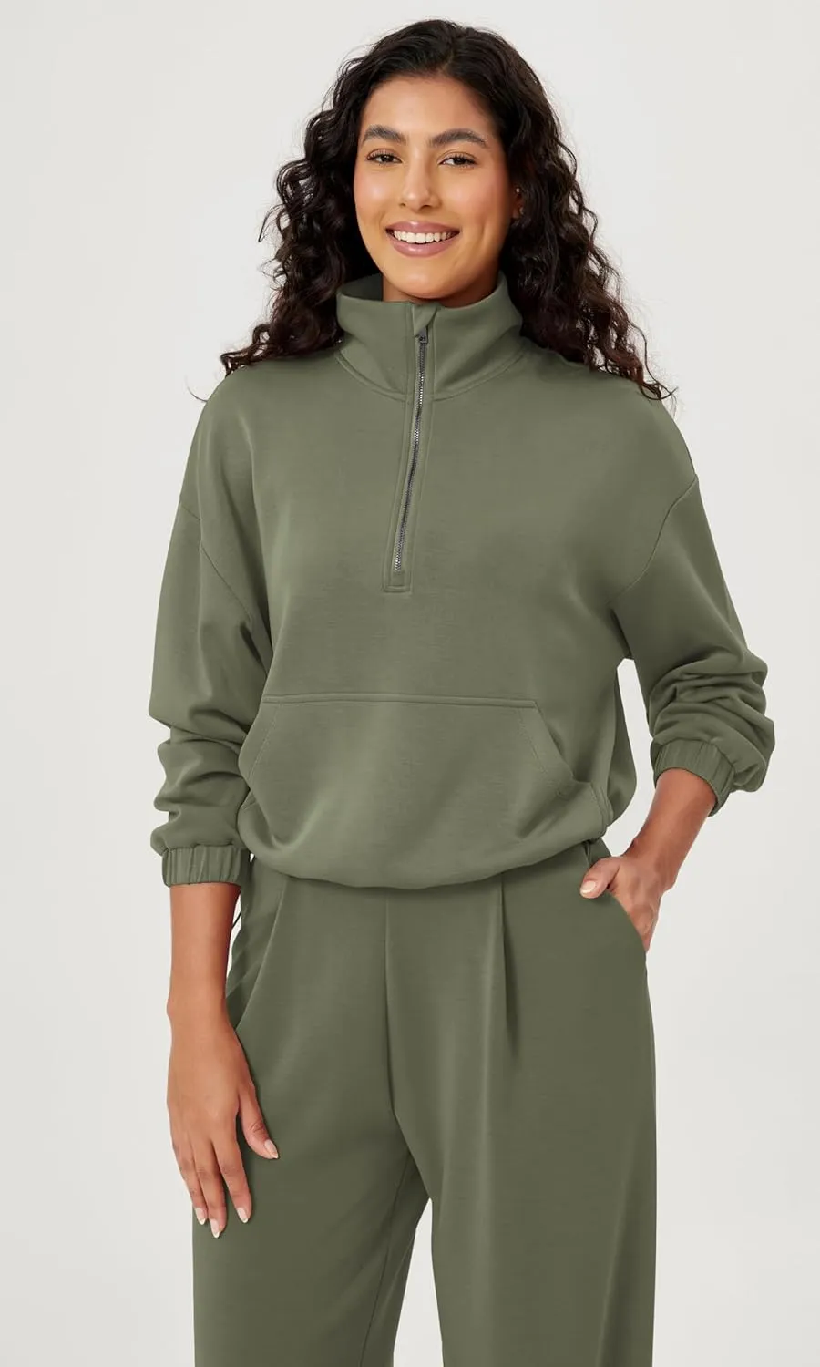 ODODOS Women's Modal Soft Cinchable Sweatshirts Half Zipper Funnel Neck Oversize Pullover with Pockets