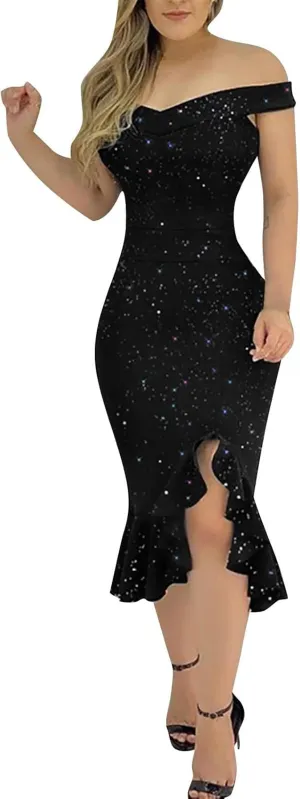 Off Shoulder Dress Ladies Sexy Irregular Hem Casual Backless Sequin Fashion Midi Loose A-Line Outdoor Ruffle Cocktail