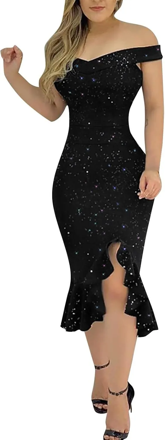 Off Shoulder Dress Ladies Sexy Irregular Hem Casual Backless Sequin Fashion Midi Loose A-Line Outdoor Ruffle Cocktail
