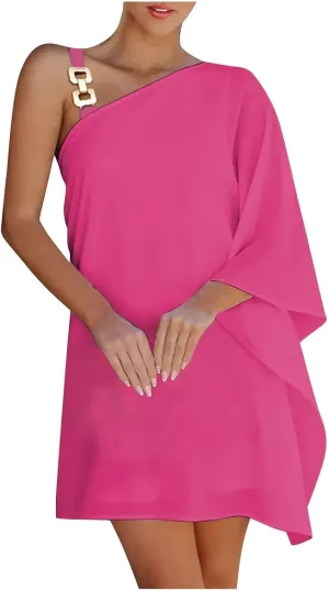 One Shoulder Dresses for Women,2024 Summer Trendy Batwing Sleeve Party Dress,Vintage Graphic Flowy Wedding Guest Dress