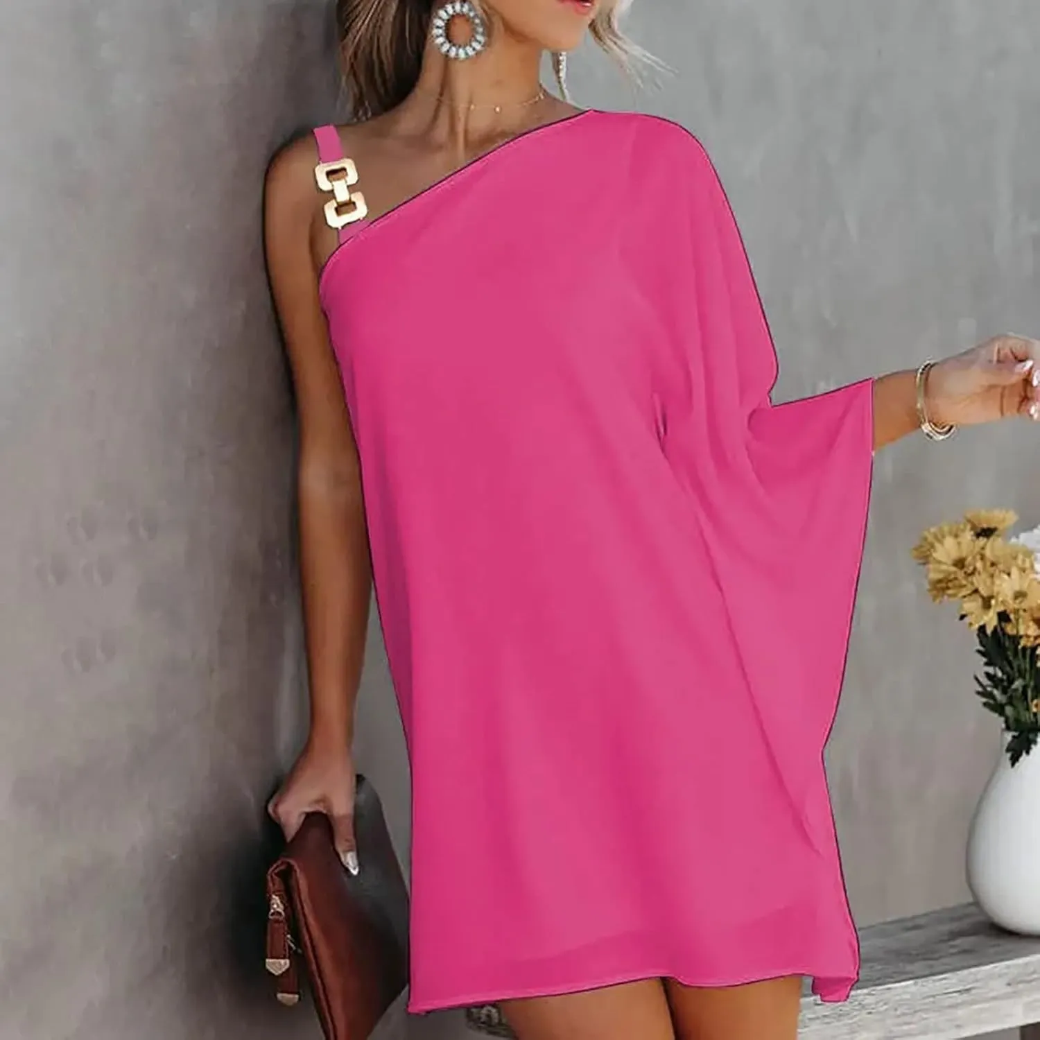 One Shoulder Dresses for Women,2024 Summer Trendy Batwing Sleeve Party Dress,Vintage Graphic Flowy Wedding Guest Dress