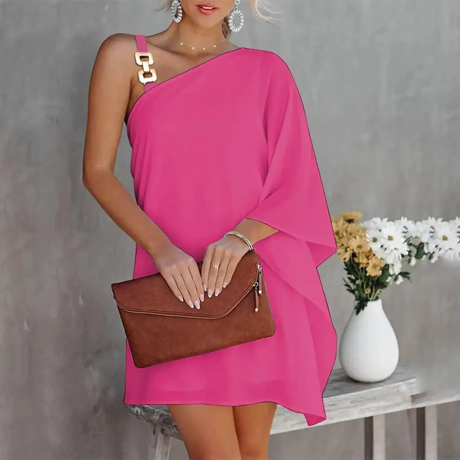 One Shoulder Dresses for Women,2024 Summer Trendy Batwing Sleeve Party Dress,Vintage Graphic Flowy Wedding Guest Dress