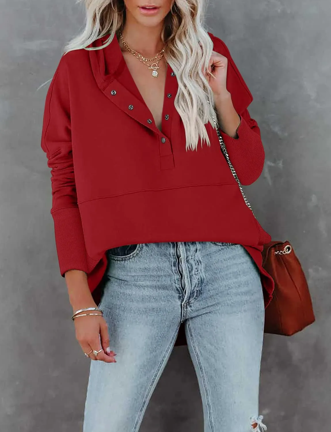 onlypuff Womens Oversized Hoodies and Sweatshirt V Neck Button up Loose Fit Henley Shirt 2022 Fall Fashion