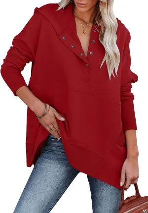 onlypuff Womens Oversized Hoodies and Sweatshirt V Neck Button up Loose Fit Henley Shirt 2022 Fall Fashion