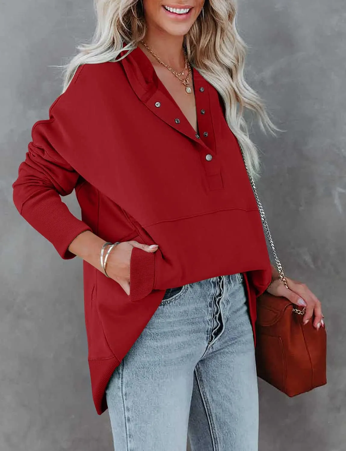 onlypuff Womens Oversized Hoodies and Sweatshirt V Neck Button up Loose Fit Henley Shirt 2022 Fall Fashion
