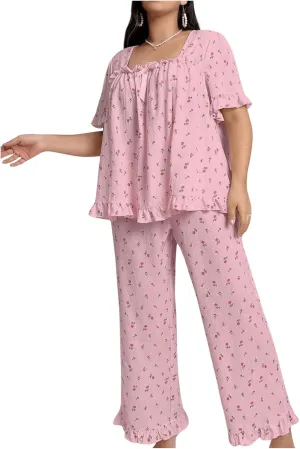 OYOANGLE Women's Plus Size Pajama Set Floral Short Sleeve Sleepwear Ruffle Pants 2 Piece Pjs Lounge Set