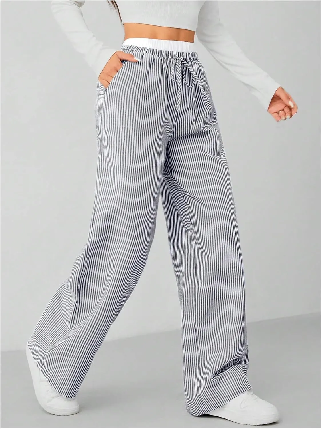 OYOANGLE Women's Striped Print Pants Drawstring Elastic High Waist Straight Leg Pants Loose Casual Trousers Streetwear