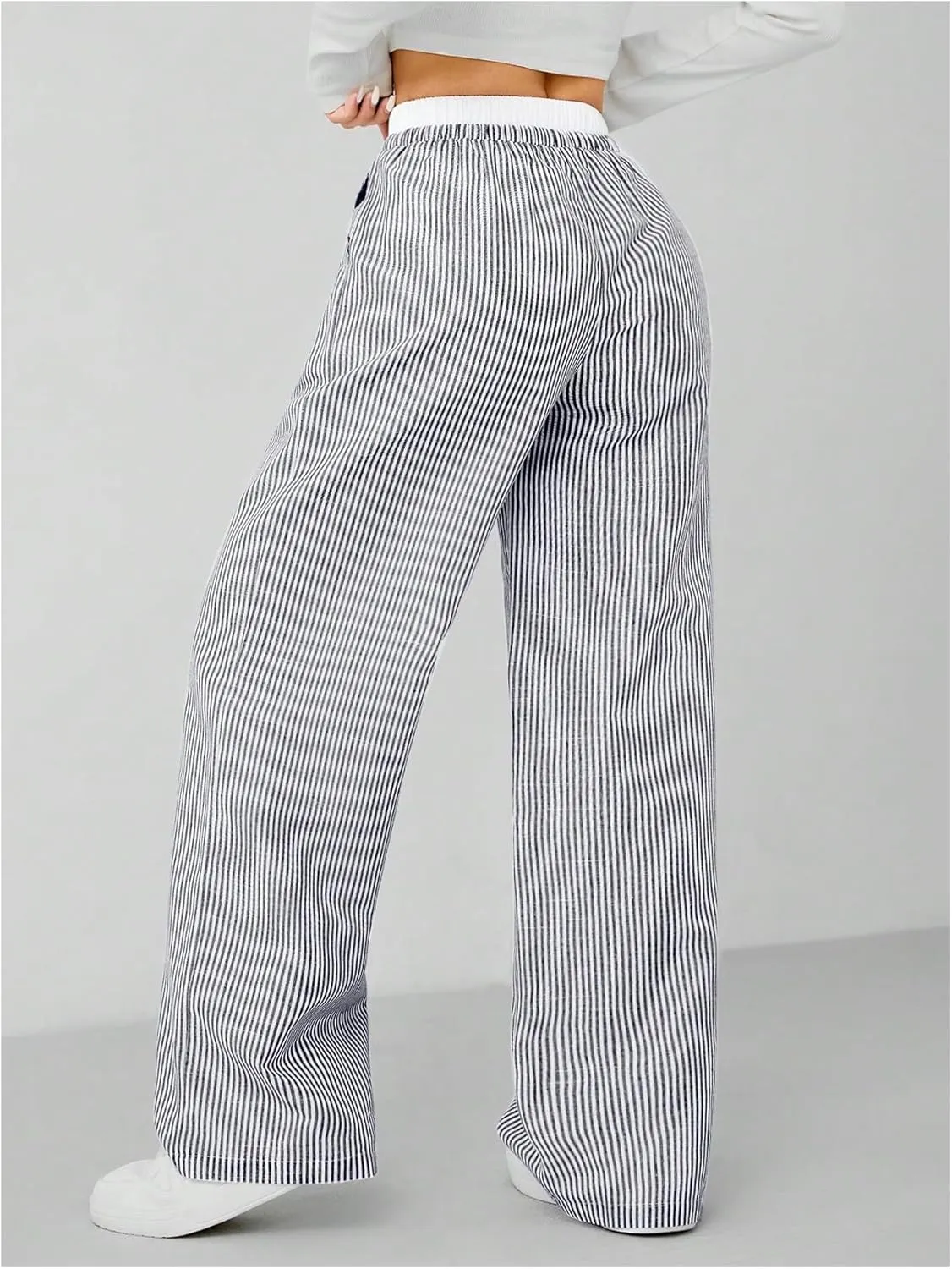 OYOANGLE Women's Striped Print Pants Drawstring Elastic High Waist Straight Leg Pants Loose Casual Trousers Streetwear