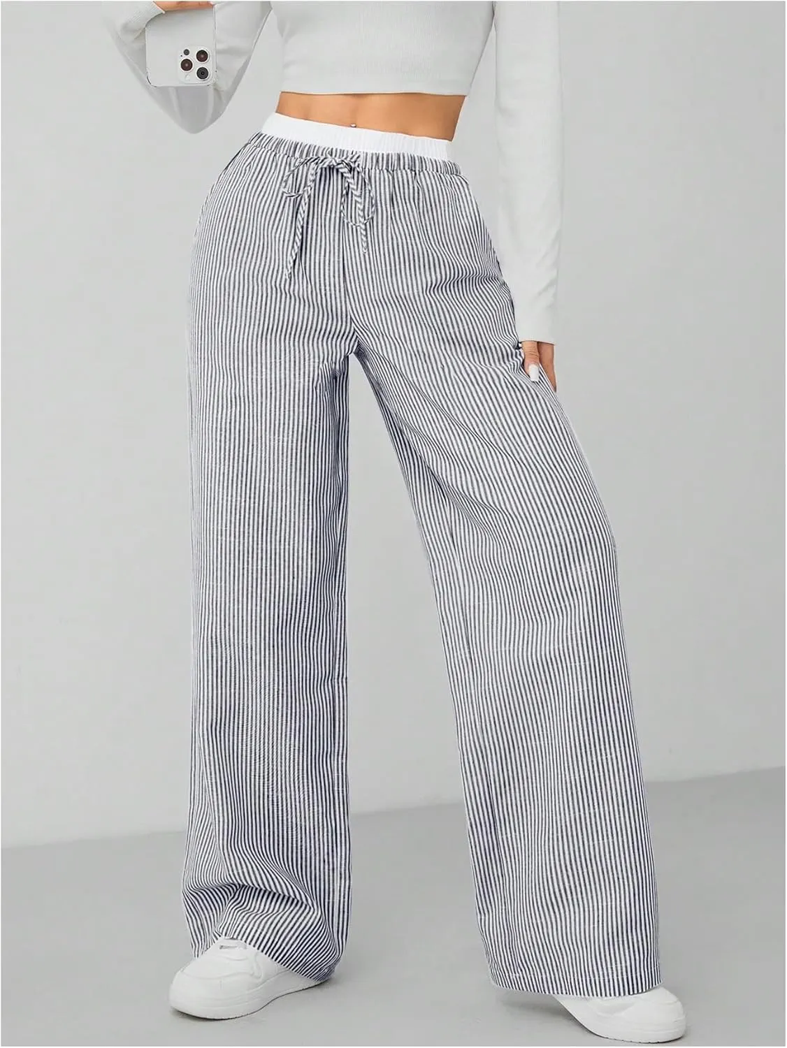OYOANGLE Women's Striped Print Pants Drawstring Elastic High Waist Straight Leg Pants Loose Casual Trousers Streetwear