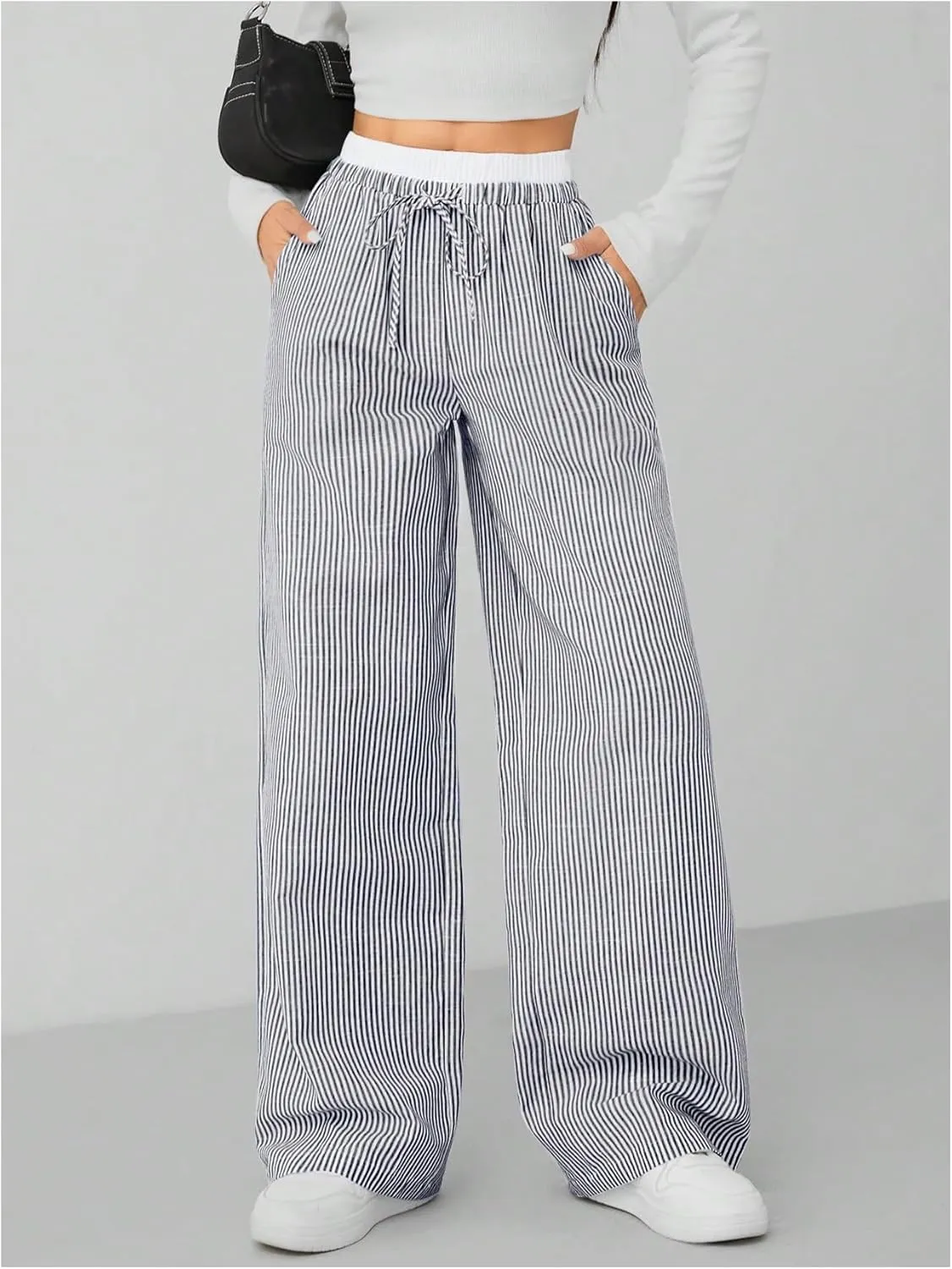 OYOANGLE Women's Striped Print Pants Drawstring Elastic High Waist Straight Leg Pants Loose Casual Trousers Streetwear