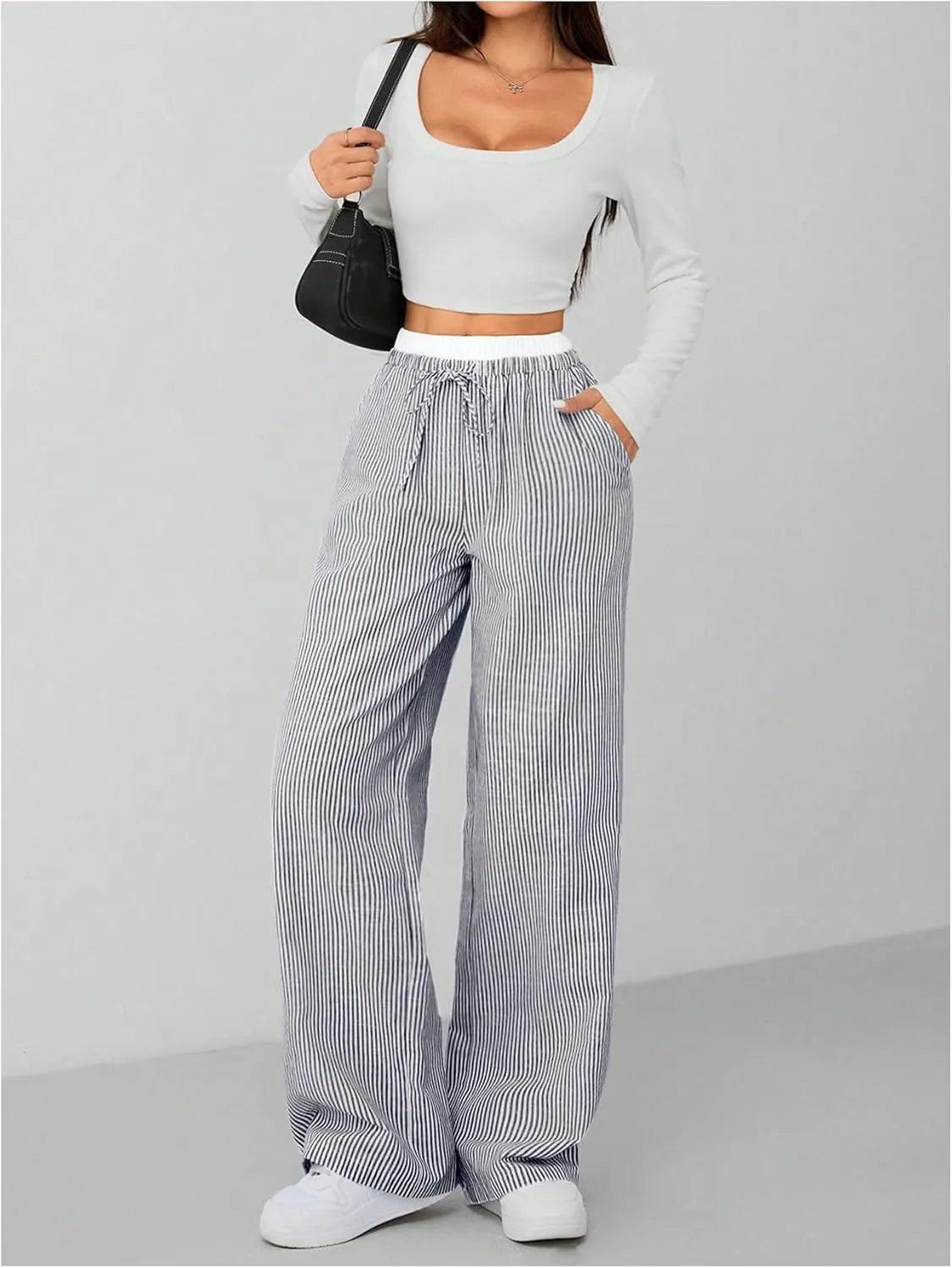 OYOANGLE Women's Striped Print Pants Drawstring Elastic High Waist Straight Leg Pants Loose Casual Trousers Streetwear