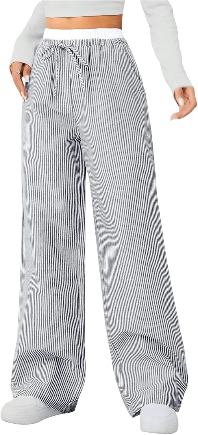 OYOANGLE Women's Striped Print Pants Drawstring Elastic High Waist Straight Leg Pants Loose Casual Trousers Streetwear