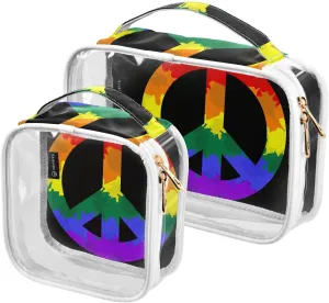 Peace-rainbow-colors-symbol 2 Pack Clear Toiletry Bag Women Men, Portable Waterproof Clear Pouch, Cosmetic Bag with Double Zippers Large Opening Traveling with Handle for Bathroom Traveling Vacation O