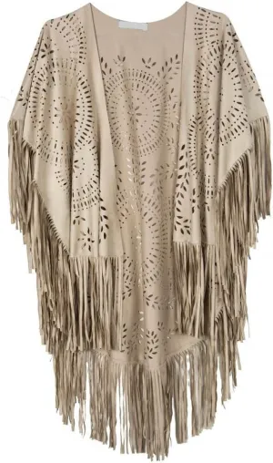 PERSUN Women's Faux Suede Kimono Cape Fringed Asymmetric Cover up Shawl Beige