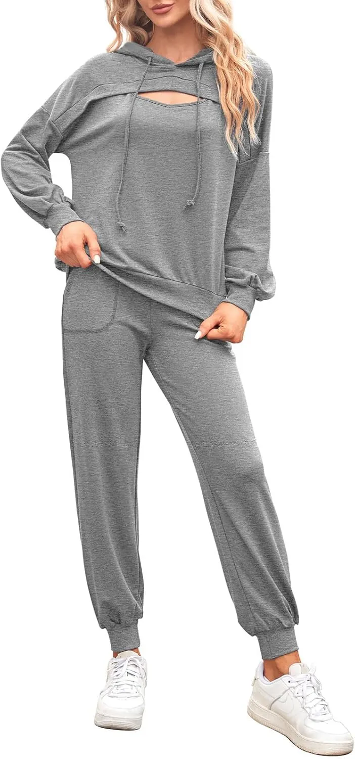 Pink Queen Womens 2 Piece Sweatsuit Outfits Long Sleeve Cutout Hoodies and Drawstring Pants Tracksuit Lounge Set with Pockets