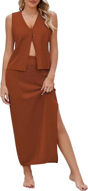 Pink Queen Women's Summer 2 Piece Outfit Set V Neck Button Crop Tank Top Vest Bodycon Maxi Long Skirt Waffle Knit Dress