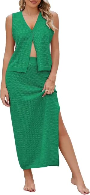 Pink Queen Women's Summer 2 Piece Outfit Set V Neck Button Crop Tank Top Vest Bodycon Maxi Long Skirt Waffle Knit Dress