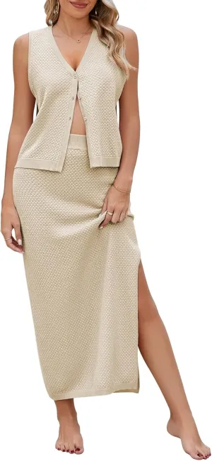 Pink Queen Women's Summer 2 Piece Outfit Set V Neck Button Crop Tank Top Vest Bodycon Maxi Long Skirt Waffle Knit Dress