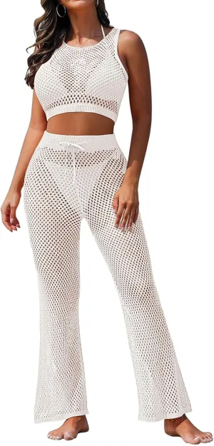 Pink Queen Women's Swimsuit Cover Up Set 2 Pieces Crochet Sleeveless Crop Top Wide Leg Long Pants Beach Coverups
