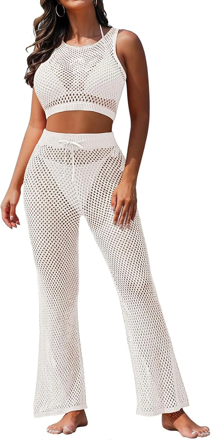 Pink Queen Women's Swimsuit Cover Up Set 2 Pieces Crochet Sleeveless Crop Top Wide Leg Long Pants Beach Coverups