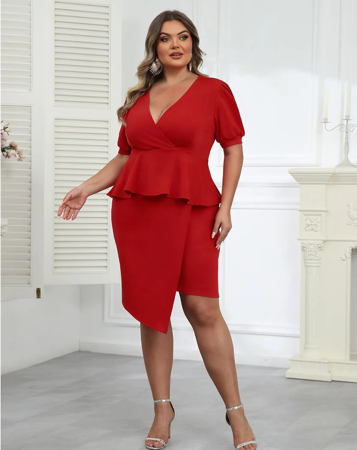 Plus Size 2 Piece Peplum Dress Outfits for Women Sexy Party Cocktail Bodycon Dresses Sets Skirts Suits Sets