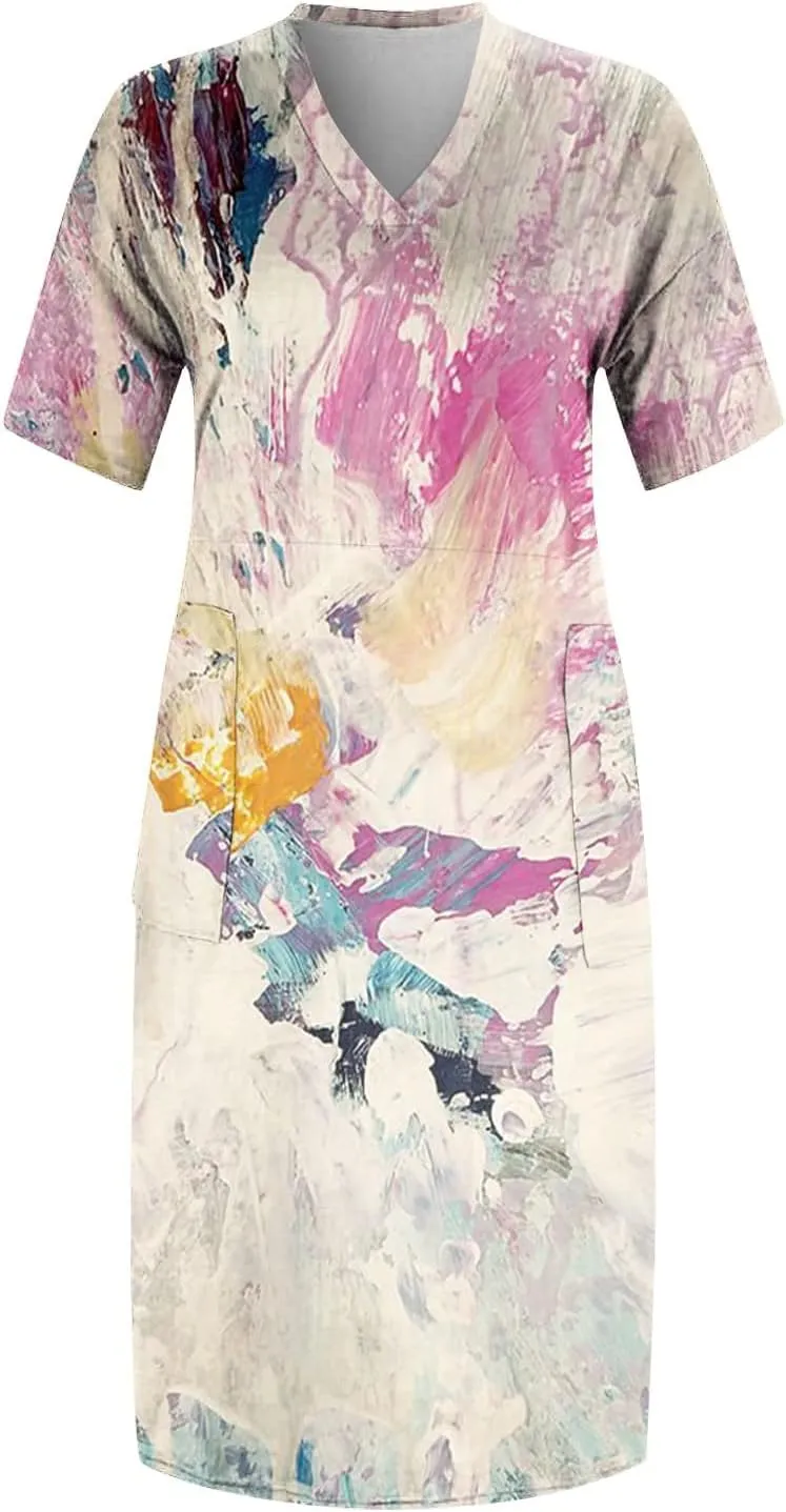 Plus Size Dresses for Curvy Women,2024 Summer Casual V Neck Short Sleeve T Shirt Dress with Pockets Daily Midi Dress