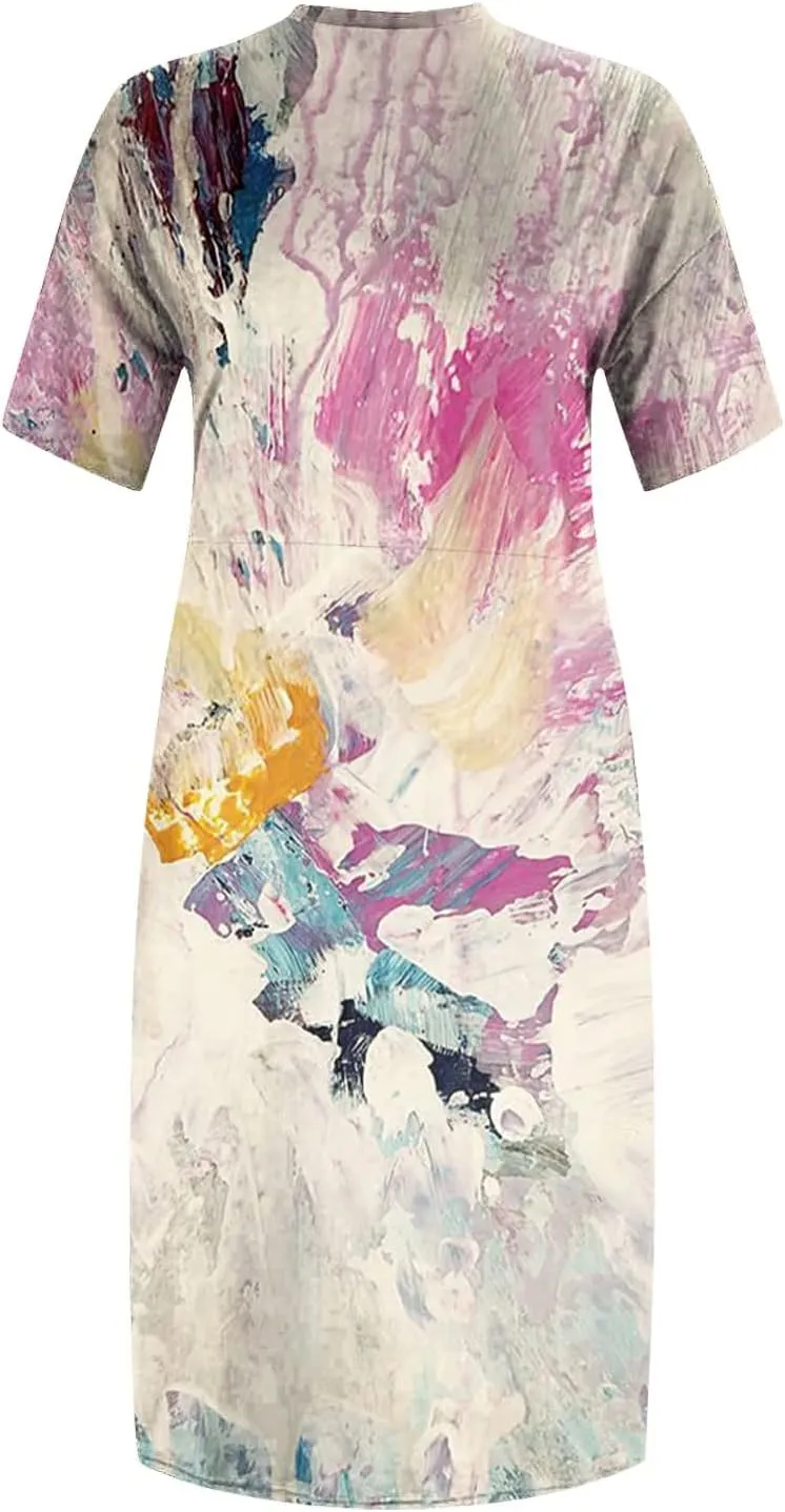 Plus Size Dresses for Curvy Women,2024 Summer Casual V Neck Short Sleeve T Shirt Dress with Pockets Daily Midi Dress