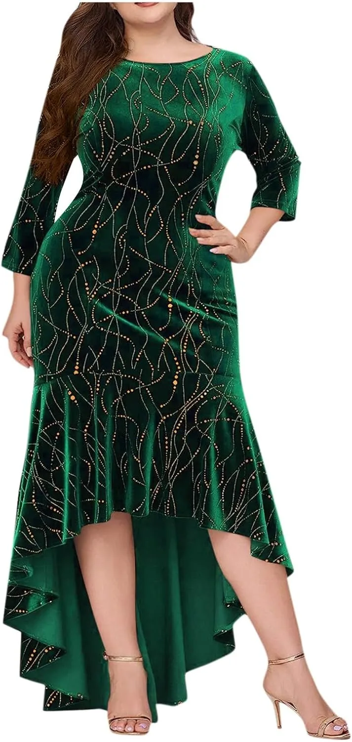 Plus Size Dresses for Curvy Women,2025 Elegant 3/4 Sleeve Velvet Formal Dress Flowy Mermaid High Low Hem Maxi Dress