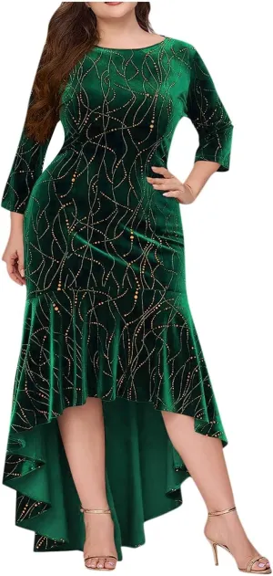 Plus Size Dresses for Curvy Women,2025 Elegant 3/4 Sleeve Velvet Formal Dress Flowy Mermaid High Low Hem Maxi Dress