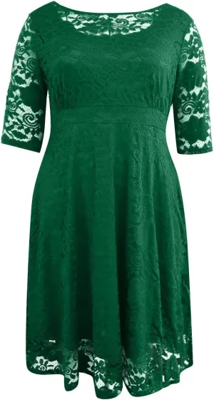Plus Size Dresses for Curvy Women,2025 Elegant Lace Patchwork Cocktail Dress,Crewneck 3/4 Sleeve Midi Party Dress
