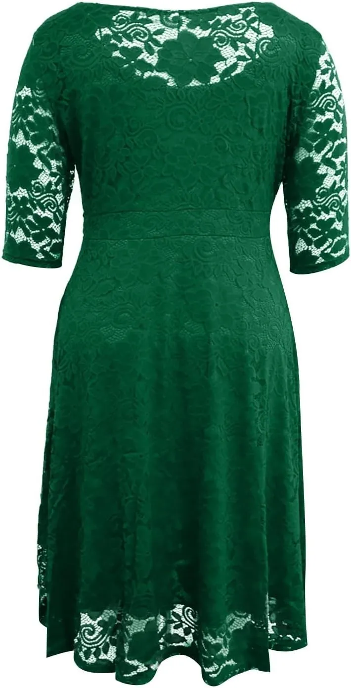 Plus Size Dresses for Curvy Women,2025 Elegant Lace Patchwork Cocktail Dress,Crewneck 3/4 Sleeve Midi Party Dress
