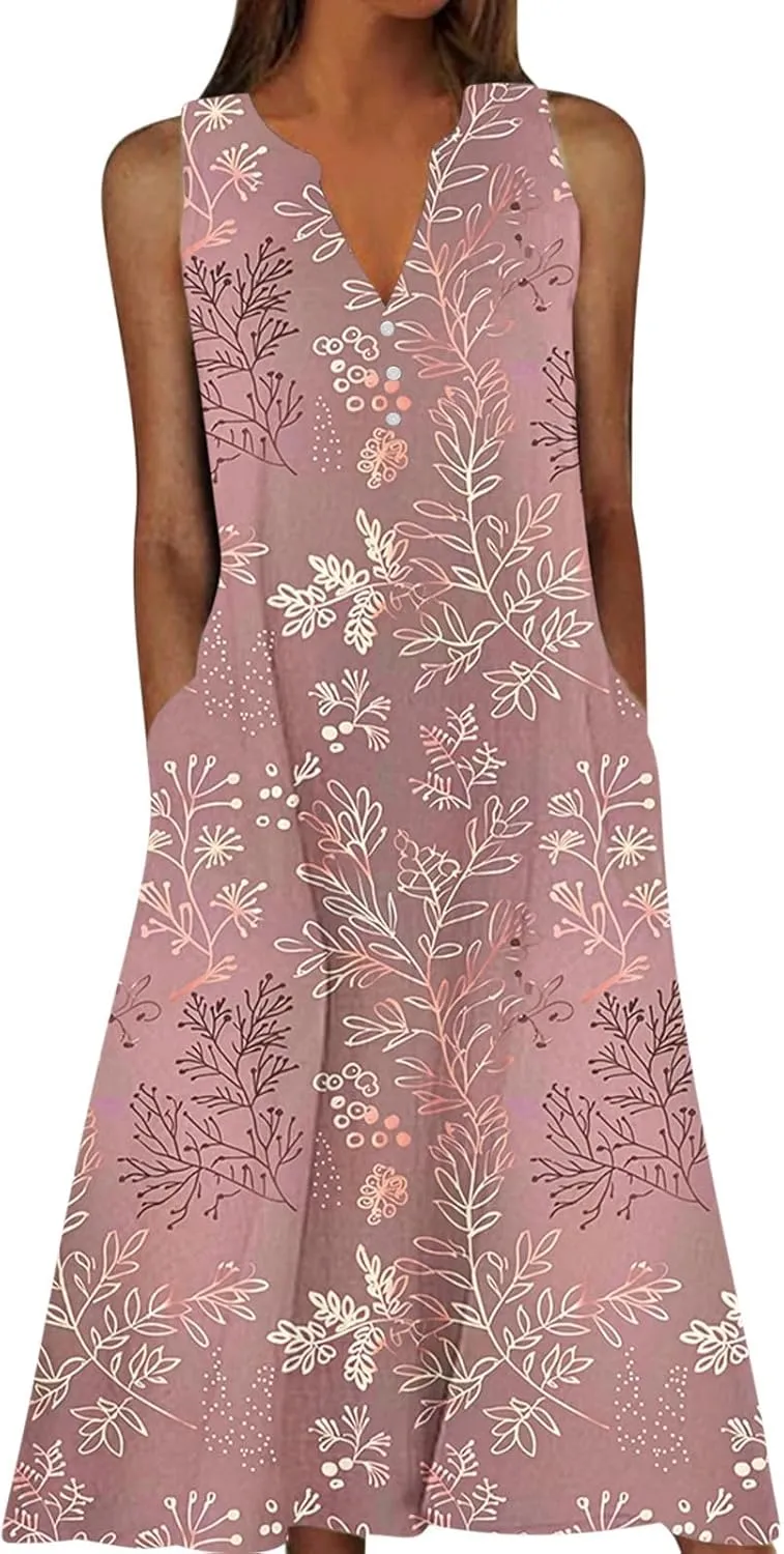 Plus Size Women's Embossed Floral Printed Midi Dresses with Pockets Loose Button V Neck Sleeveless A-Line Casual Summer Dress