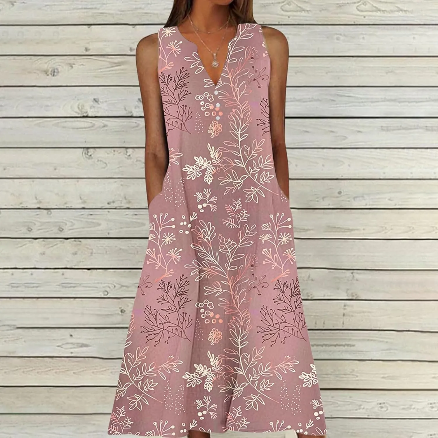 Plus Size Women's Embossed Floral Printed Midi Dresses with Pockets Loose Button V Neck Sleeveless A-Line Casual Summer Dress