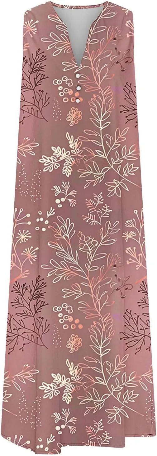 Plus Size Women's Embossed Floral Printed Midi Dresses with Pockets Loose Button V Neck Sleeveless A-Line Casual Summer Dress