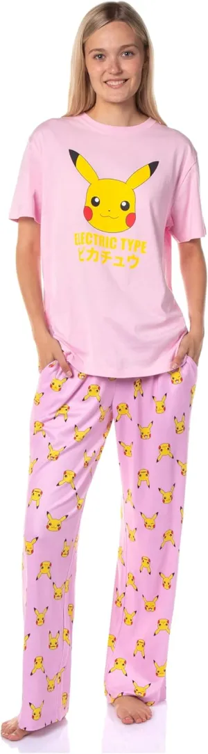 Pokemon Women's Pikachu Faces 2 Piece Shirt and Pants Adult Pajama Lounge Set