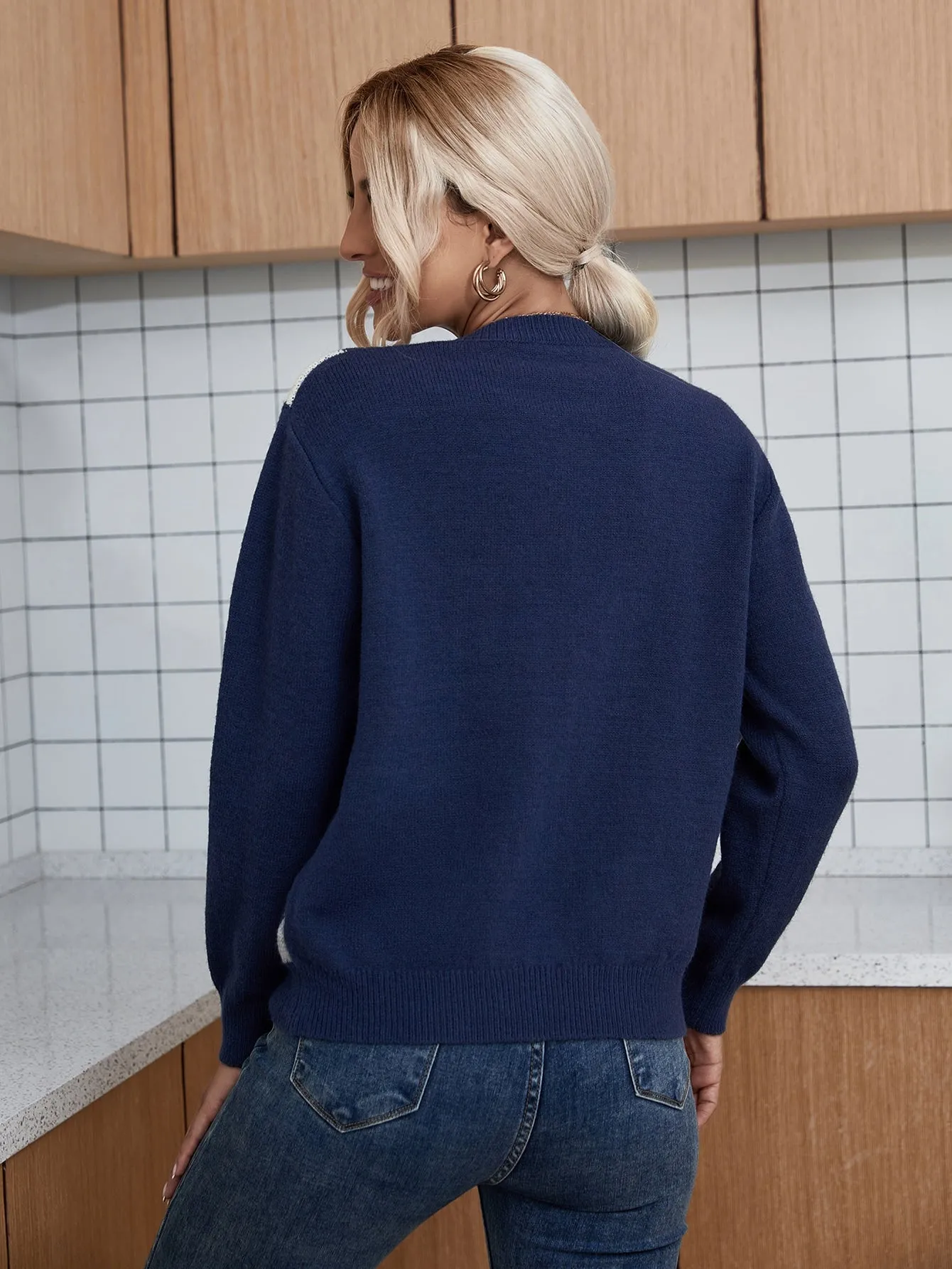 Preppy Geometric Rib-Knit Long Sleeve V Neck Regular Women Sweater