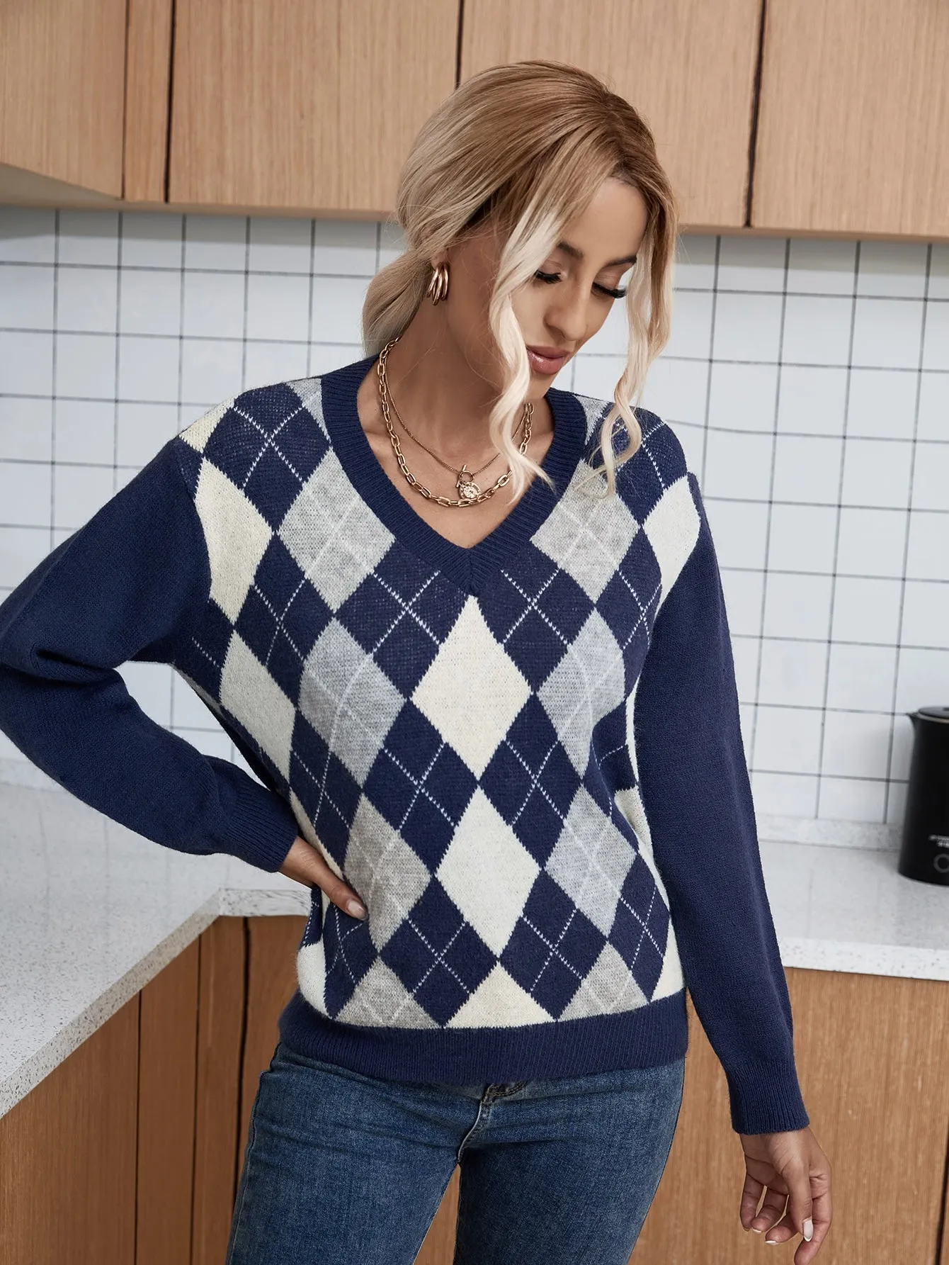 Preppy Geometric Rib-Knit Long Sleeve V Neck Regular Women Sweater